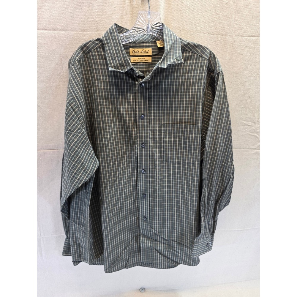 Roundtree & Yorke Gold Label Mens Large Green Plaid Non-Iron Cotton Shirt L